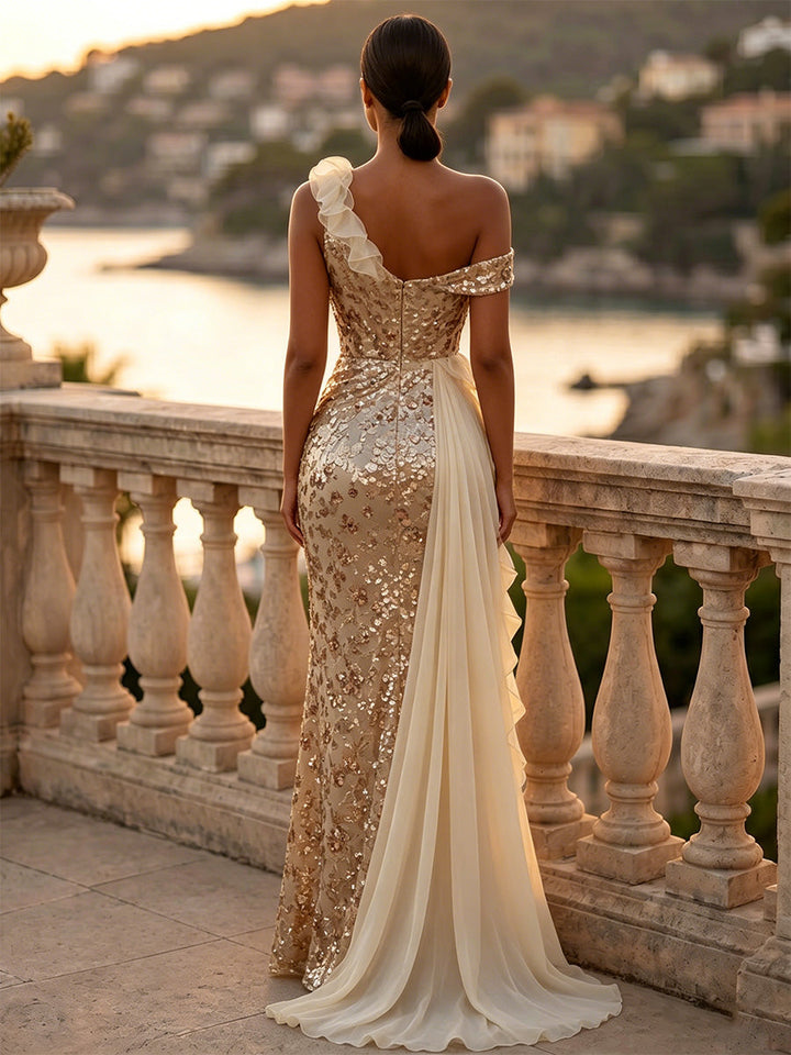 Sheath/Column Off-the-Shoulder Sequins Evening Dresses with Split Side Floor-Length Ruffles Sleeveless Formal Dresses