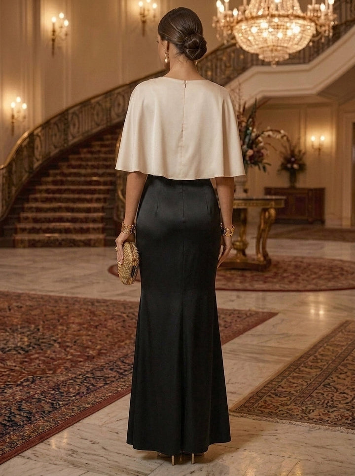 Sheath/Column Scoop Silk Satin Evening Dresses with 3D Flower Cape Sleeves Ankle-Length Formal Dresses