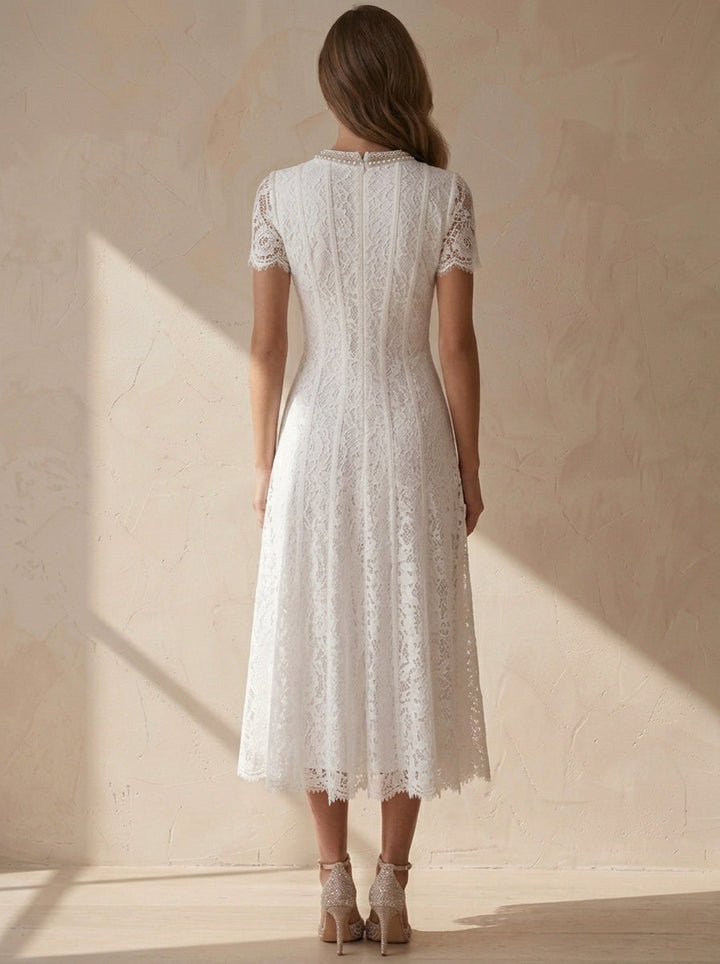 A-Line/Princess Scoop Lace Cocktail Dresses Tea-Length Little White Dresses Beading Short Sleeves Party Dresses