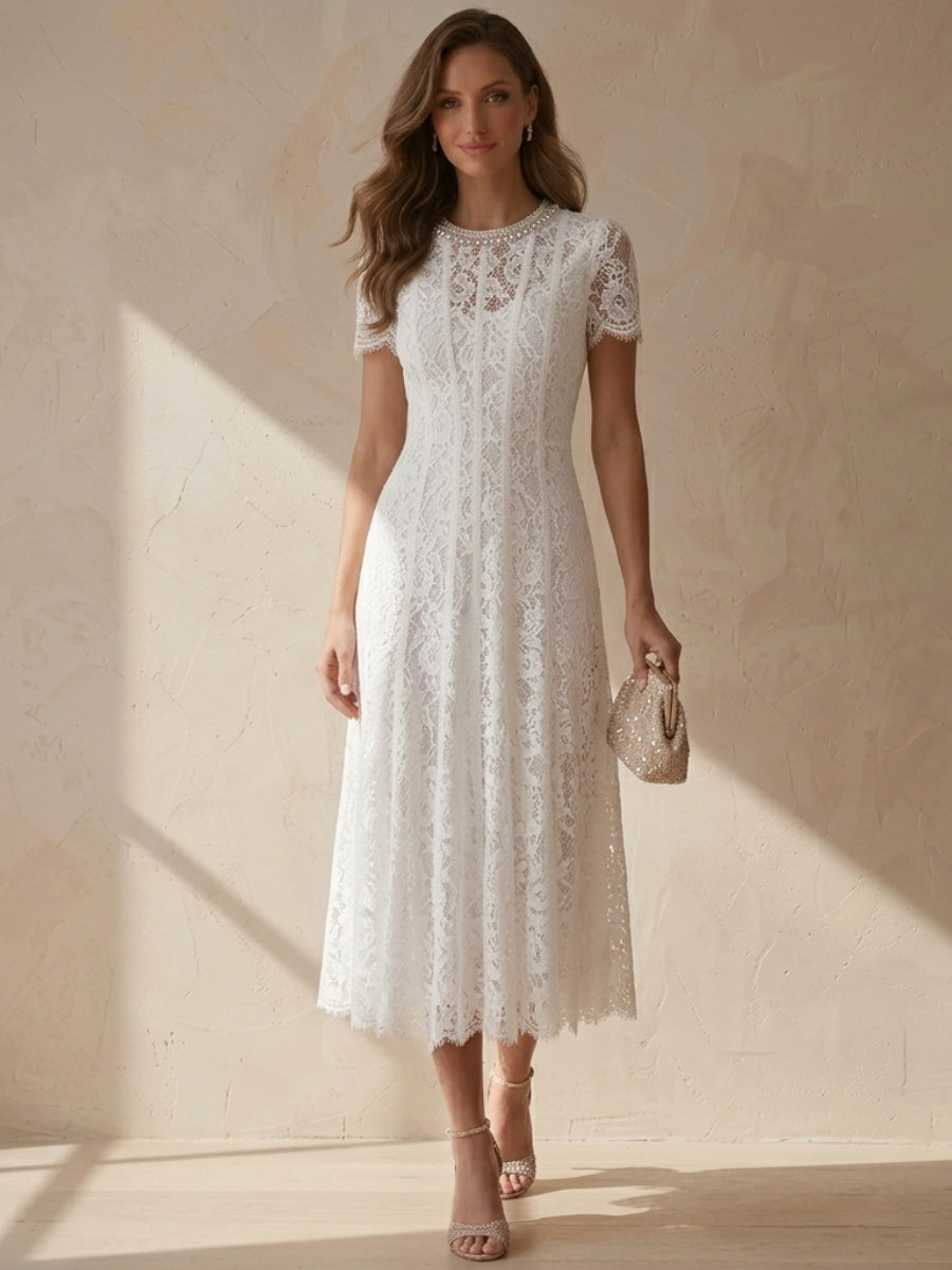 A-Line/Princess Scoop Lace Cocktail Dresses Tea-Length Little White Dresses Beading Short Sleeves Party Dresses