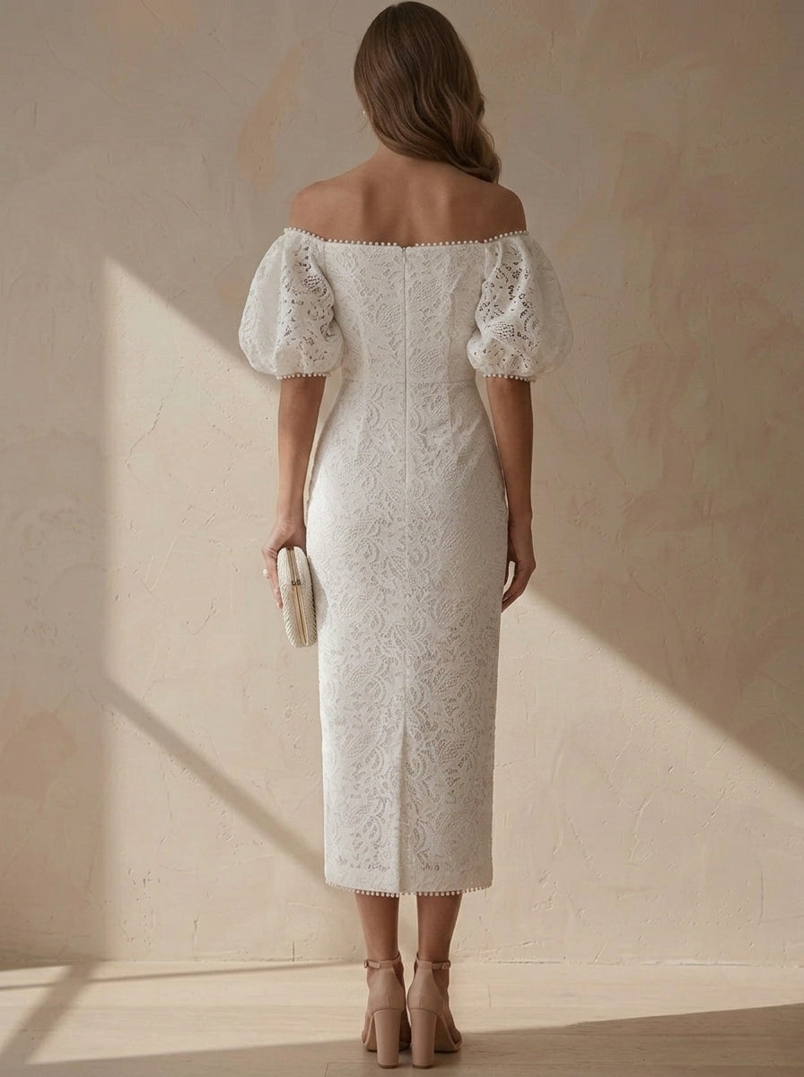 Sheath/Column Off-the-Shoulder Lace Cocktail Dresses Tea-Length Little White Dresses Beading Puff Sleeves Party Dresses