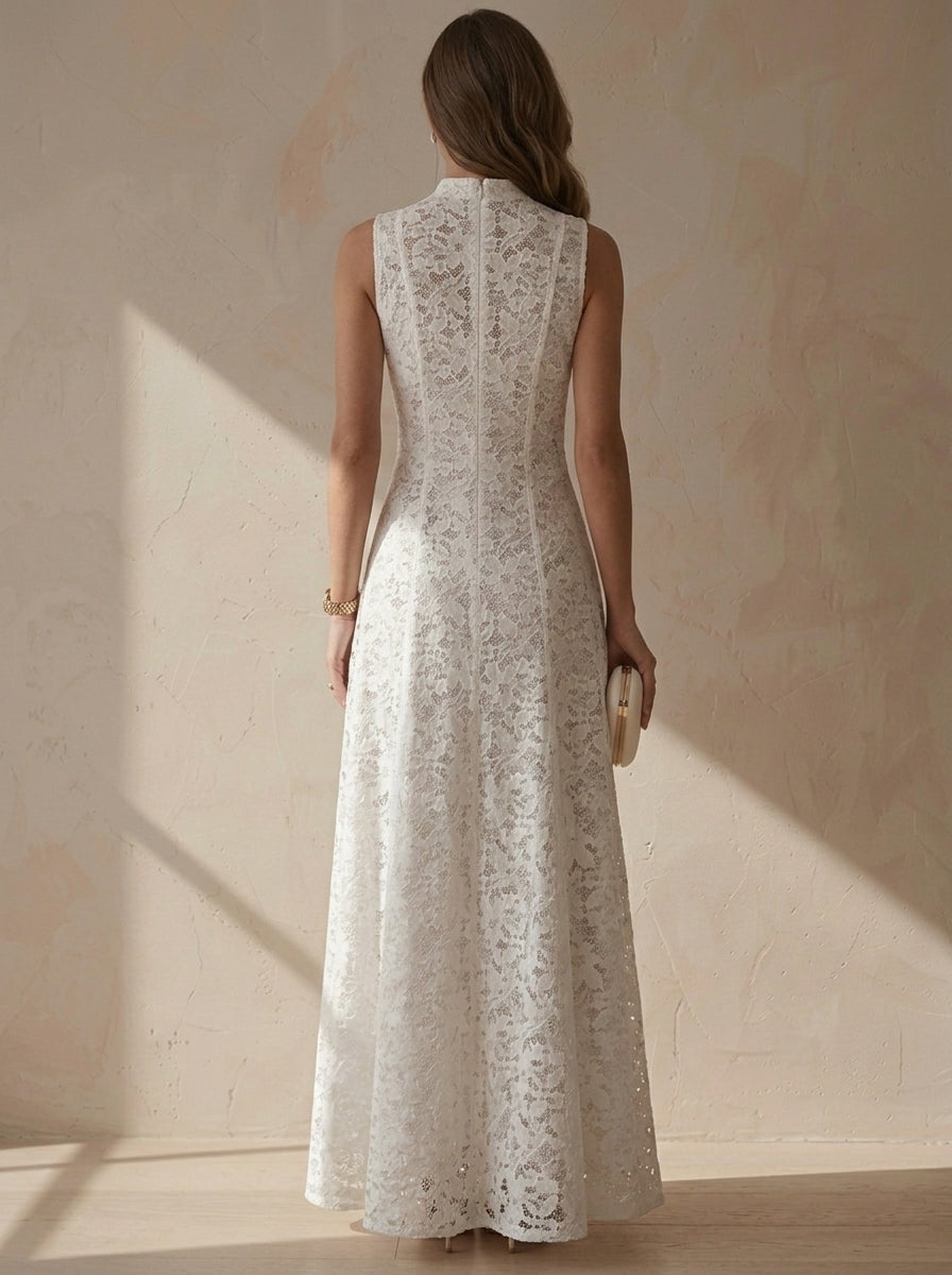 A-Line/Princess Mock Neck Lace Formal Dresses Ankle-Length Sleeveless Floral Evening Dresses