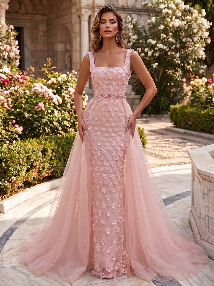 Sheath/Column Square Collar Evening Dresses with Overskirt 3D Flower Floor-Length Floral Sleeveless Formal Dresses