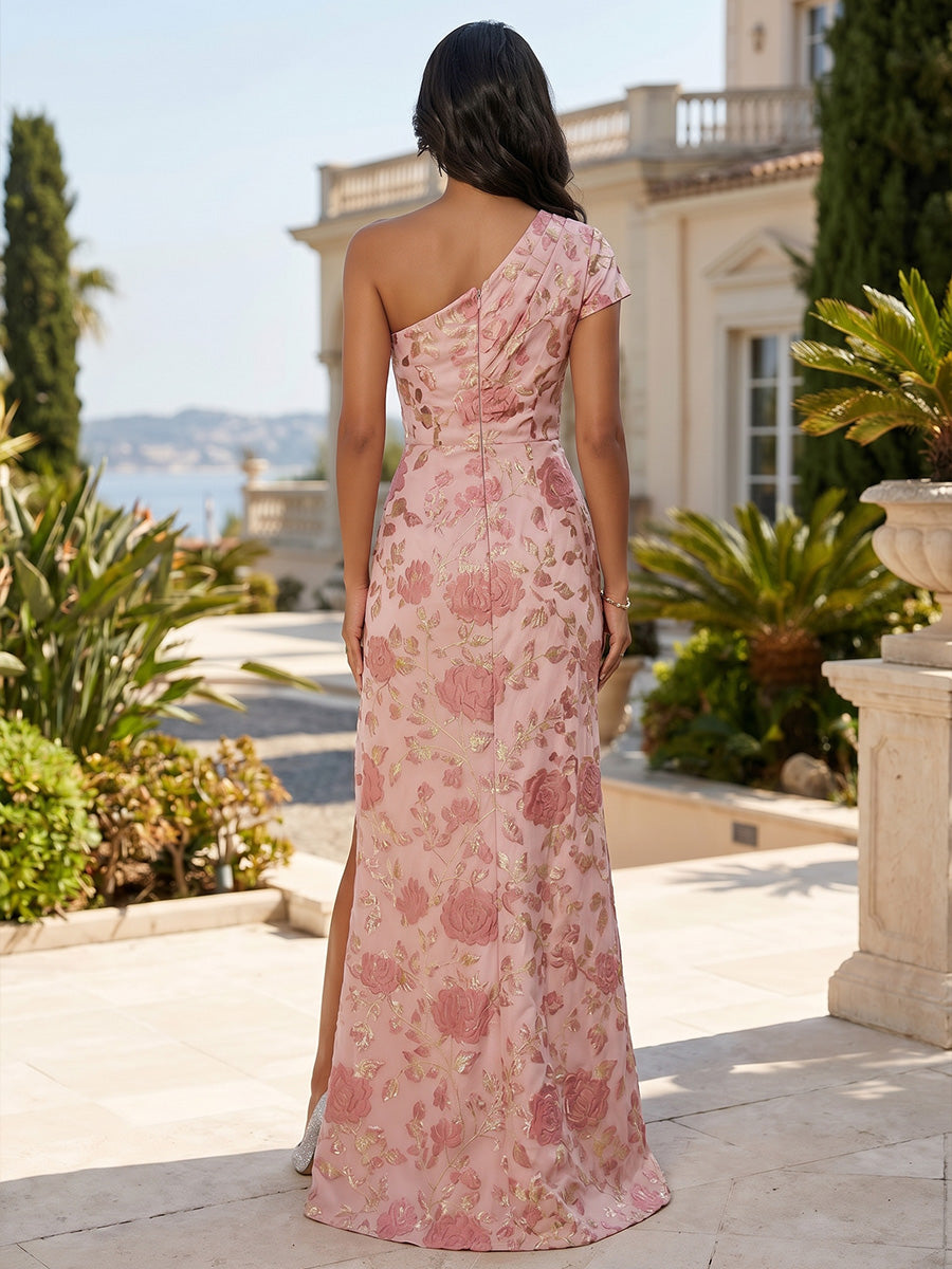 A-Line/Princess One-Shoulder Jacquard Formal Dresses with Split Side Floor-Length Short Sleeves Floral Evening Dresses