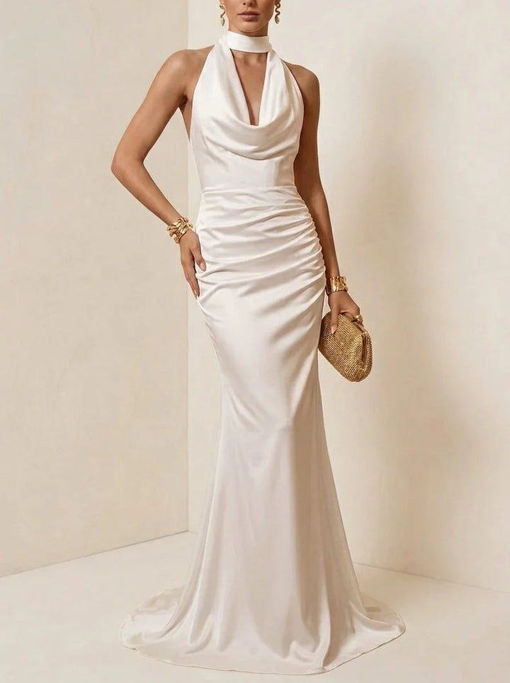 Sheath/Column Halter Silk Satin Evening Dresses Sleeveless Floor-Length Formal Dresses