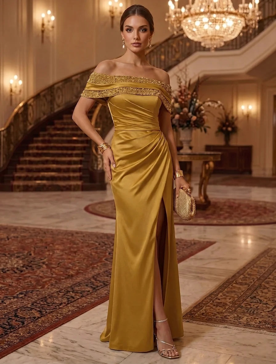Sheath/Column Off-the-Shoulder Silk Satin Evening Dresses Sleeveless Sequins Ruched Floor-Length Formal Dresses