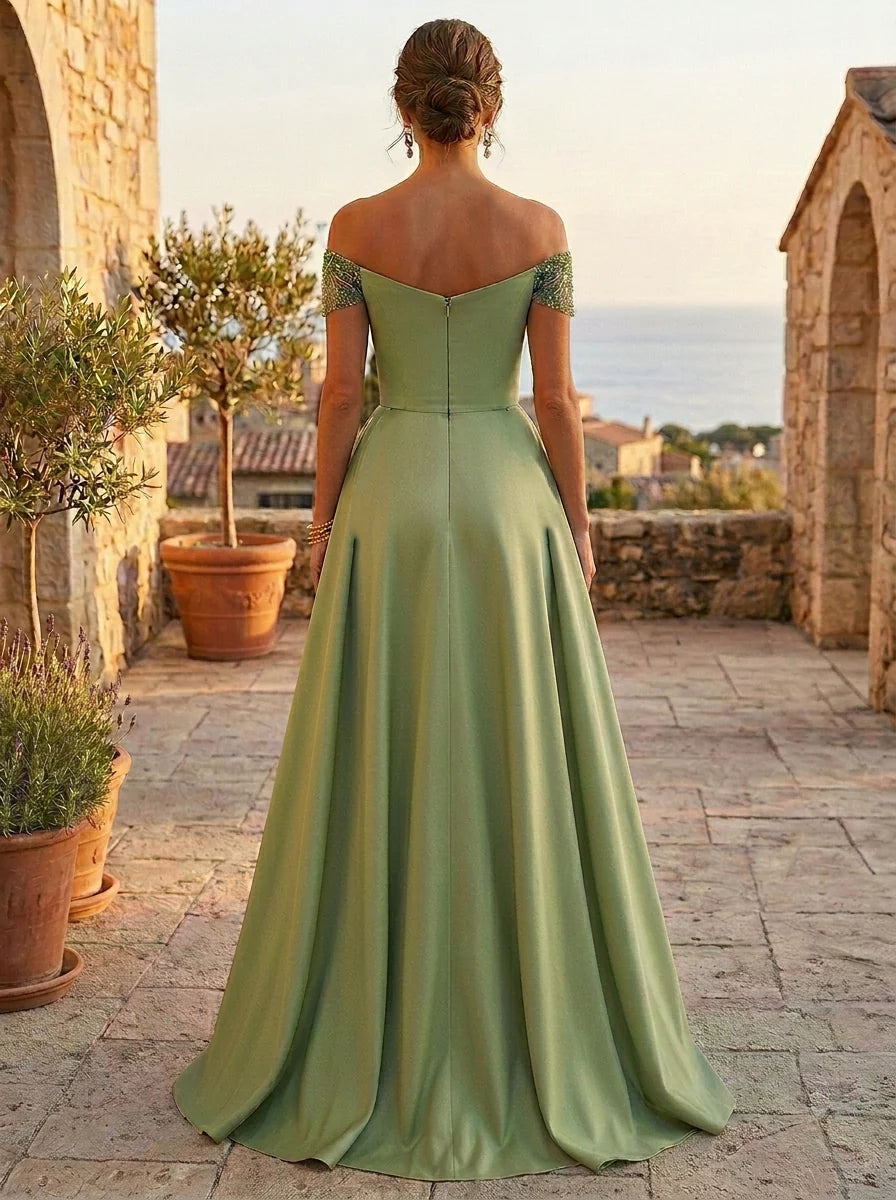 Sheath/Column Off-the-Shoulder Satin Evening Dresses with Overskirt Sequins Floor-Length Sleeveless Floral Formal Dresses