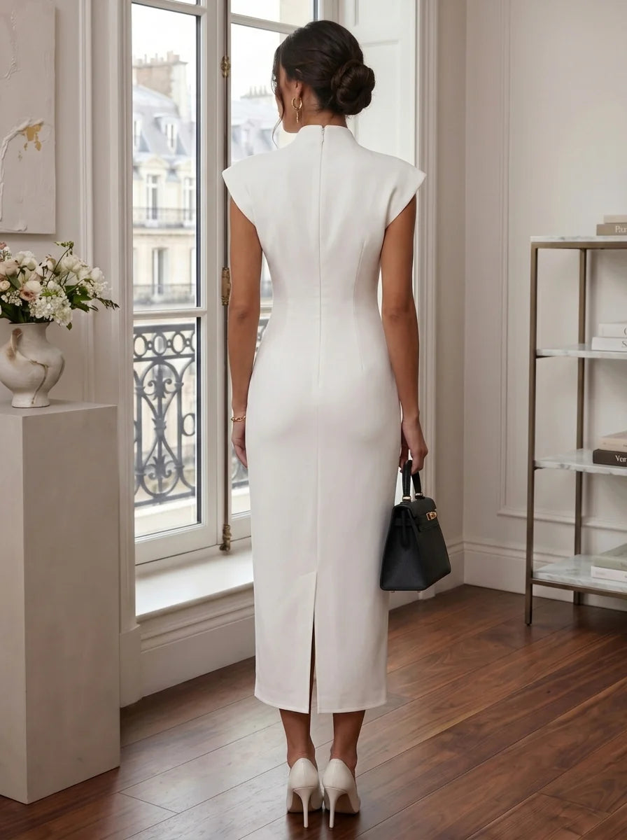 Sheath/Column V-Neck Stretch Satin Cocktail Dresses Tea-Length Cap Sleeves Little White Dresses Party Dresses