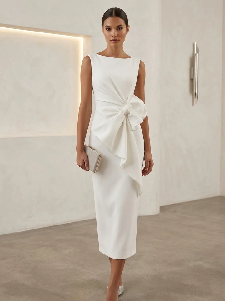 Sheath/Column Boat Neck Stretch Satin Cocktail Dresses Tea-Length Sleeveless Little White Dresses Bowknot Party Dresses
