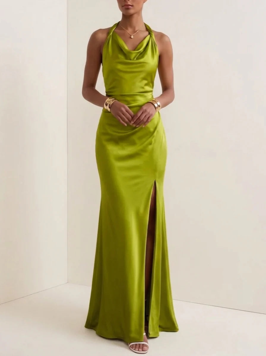 Sheath/Column Cowl Neck Silk Satin Evening Dresses with Split Side Sleeveless Floor-Length Formal Dresses