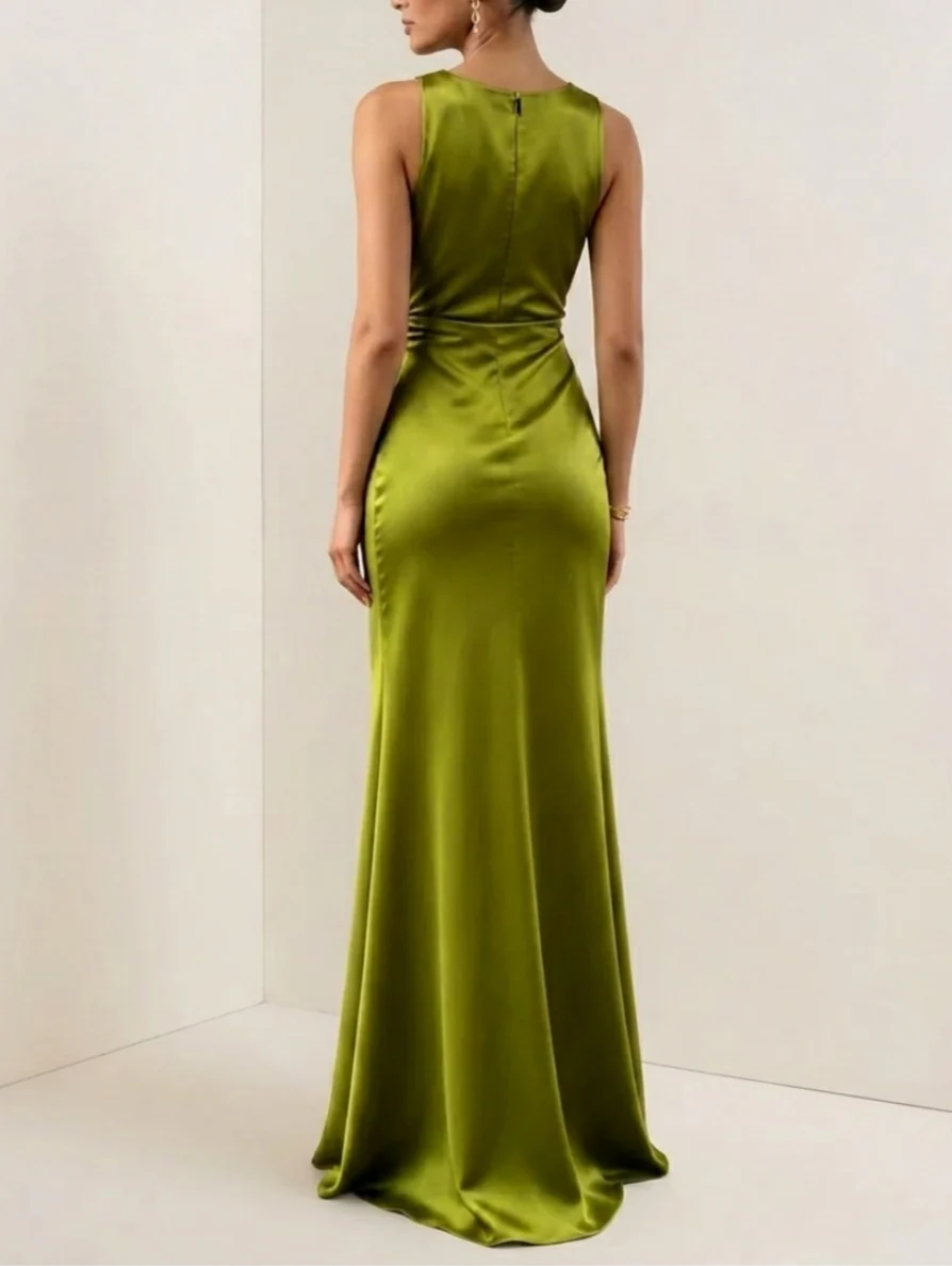 Sheath/Column Cowl Neck Silk Satin Evening Dresses with Split Side Sleeveless Floor-Length Formal Dresses
