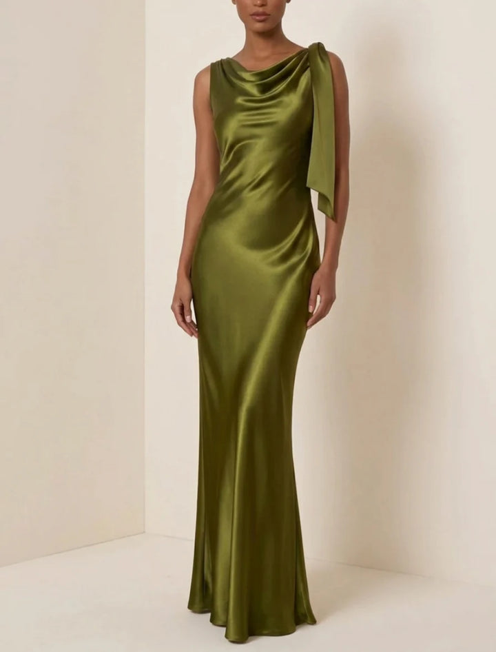 Sheath/Column Cowl Neck Evening Dresses Sleeveless Silk Satin Floor-Length Formal Dresses