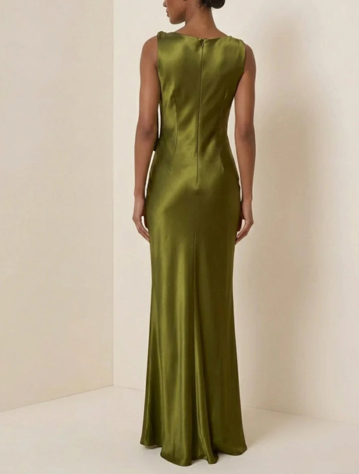 Sheath/Column Cowl Neck Evening Dresses Sleeveless Silk Satin Floor-Length Formal Dresses