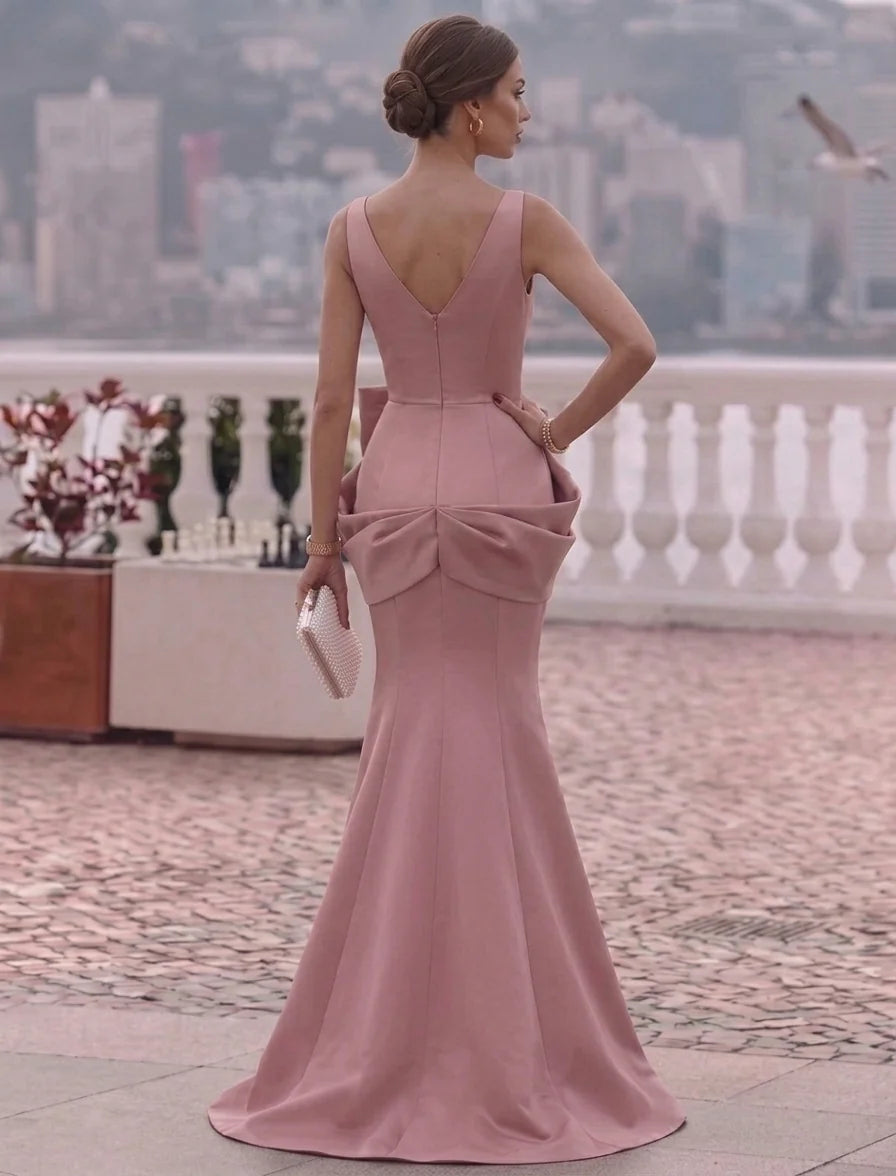 Trumpet/Mermaid V-Neck Satin Evening Dresses with Bowknot Floor-Length Formal Dresses