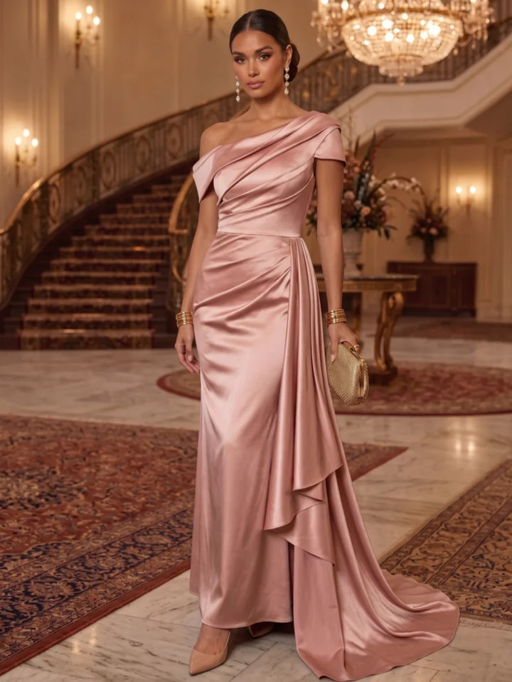 Sheath/Column One-Shoulder Silk Satin Evening Dresses with Watteau Train Sleeveless Floor-Length Formal Dresses