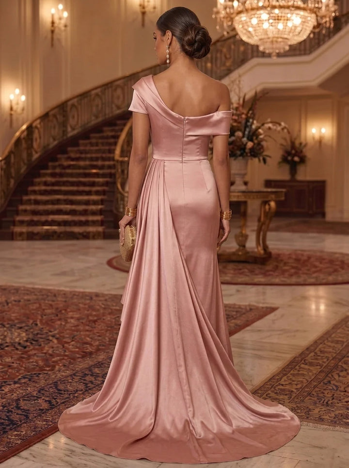 Sheath/Column One-Shoulder Silk Satin Evening Dresses with Watteau Train Sleeveless Floor-Length Formal Dresses