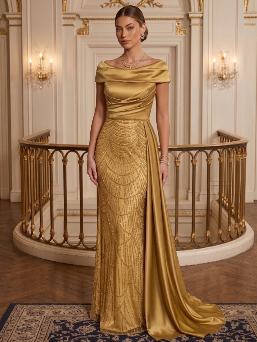 Sheath/Column Off-the-Shoulder Satin Evening Dresses with Watteau Train Sequins Floor-Length Sleeveless Formal Dresses