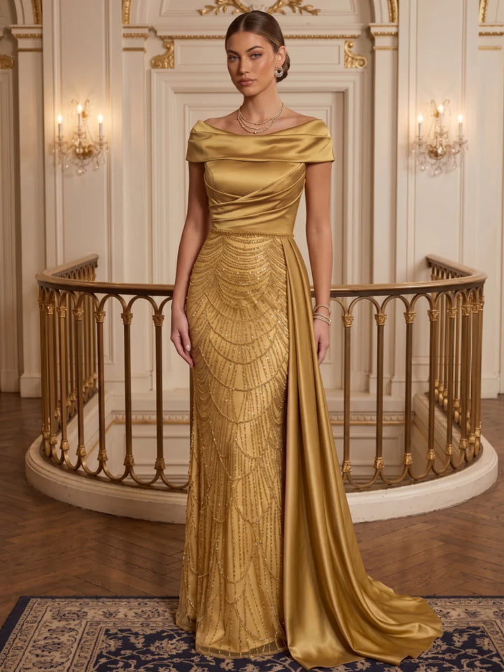 Sheath/Column Off-the-Shoulder Satin Evening Dresses with Watteau Train Sequins Floor-Length Sleeveless Formal Dresses