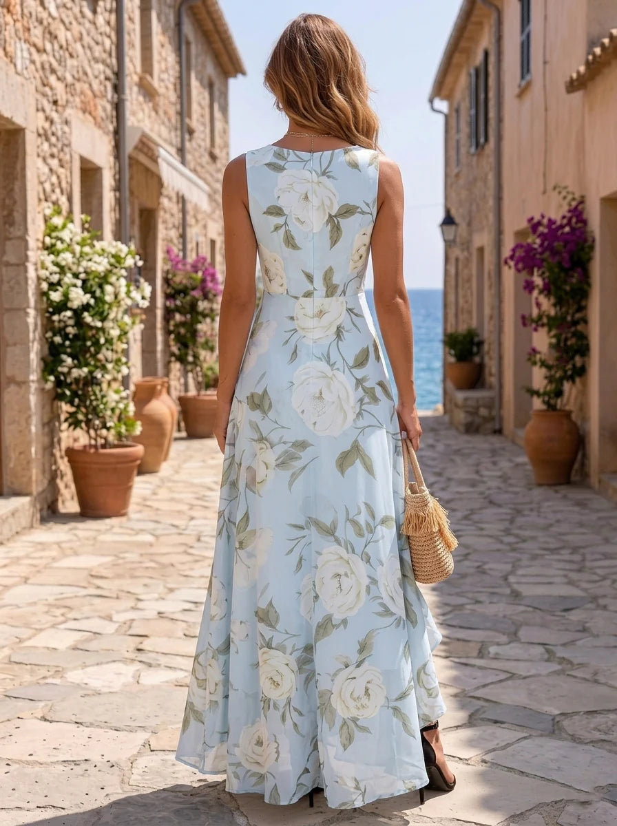 A-Line/Princess Scoop Chiffon Formal Dresses Floral Sleeveless Ruffles Asymmetrical Floor-Length Holiday Dresses