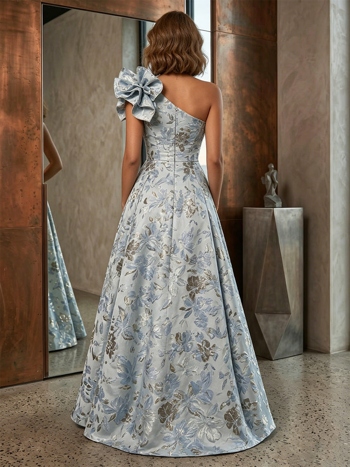 A-Line/Princess One-Shoulder Jacquard Formal Dresses Floor-Length Sleeveless Ruffles Evening Dresses