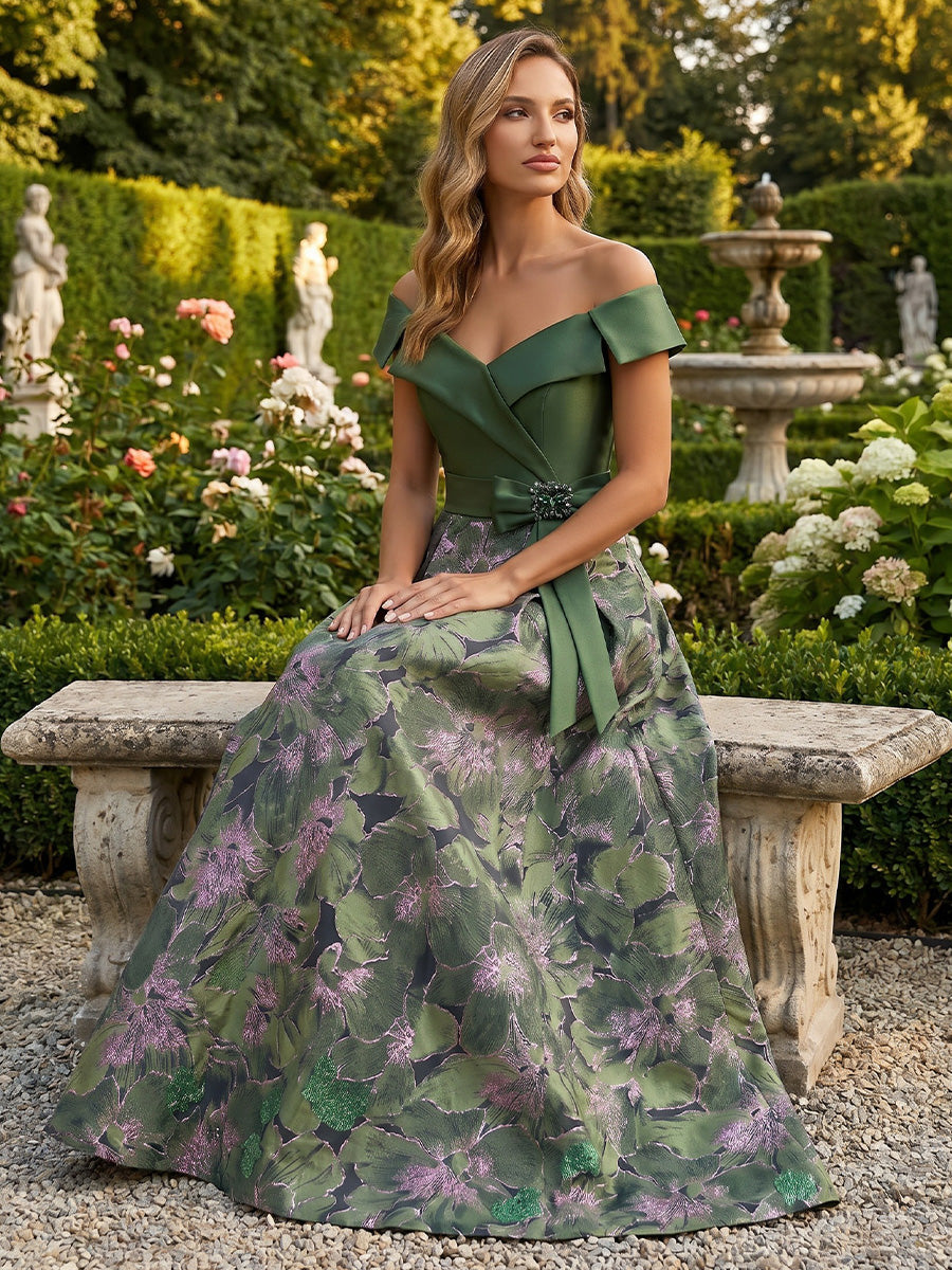 A-Line/Princess Off-the-Shoulder Jacquard Formal Dresses Floor-Length Sleeveless Bowknot Evening Dresses