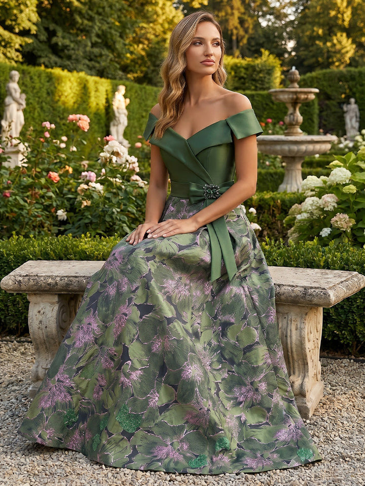 A-Line/Princess Off-the-Shoulder Jacquard Formal Dresses Floor-Length Sleeveless Bowknot Evening Dresses