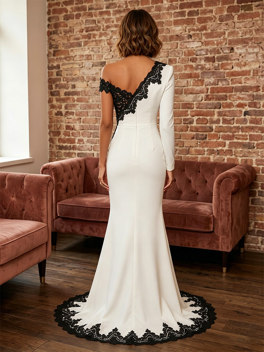 Trumpet/Mermaid Asymmetrical Neck Formal Dresses with Split Side Stretch Satin Lace Long Sleeves Evening Dresses