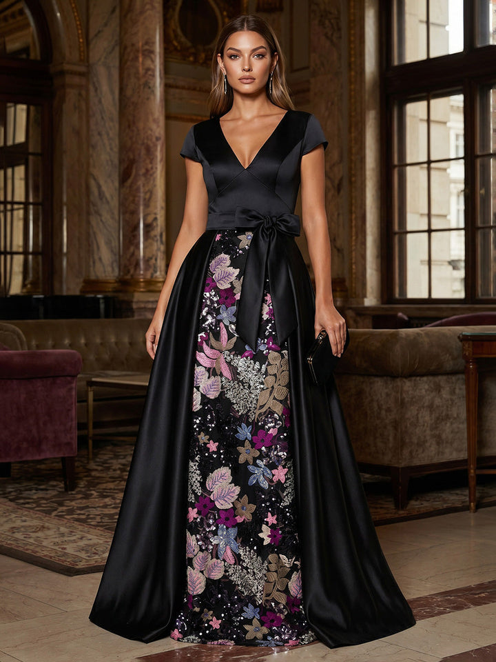 A-Line/Princess V-Neck Satin Formal Dresses with Overskirt Floor-Length Short Sleeves Floral Sequins Evening Dresses