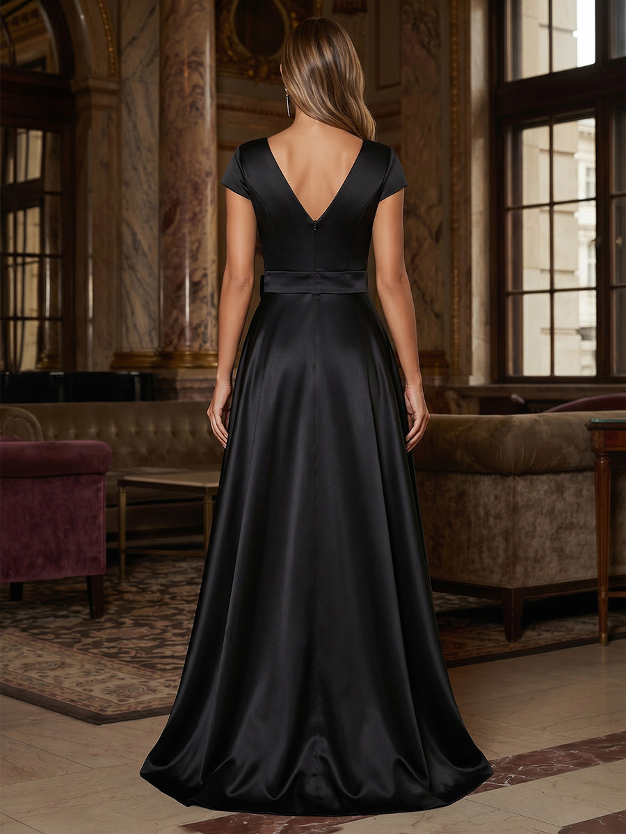 A-Line/Princess V-Neck Satin Formal Dresses with Overskirt Floor-Length Short Sleeves Floral Sequins Evening Dresses