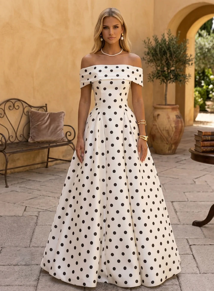 A-Line/Princess Off-the-Shoulder Polka Dot Formal Dresses Floor-Length Sleeveless Evening Dresses
