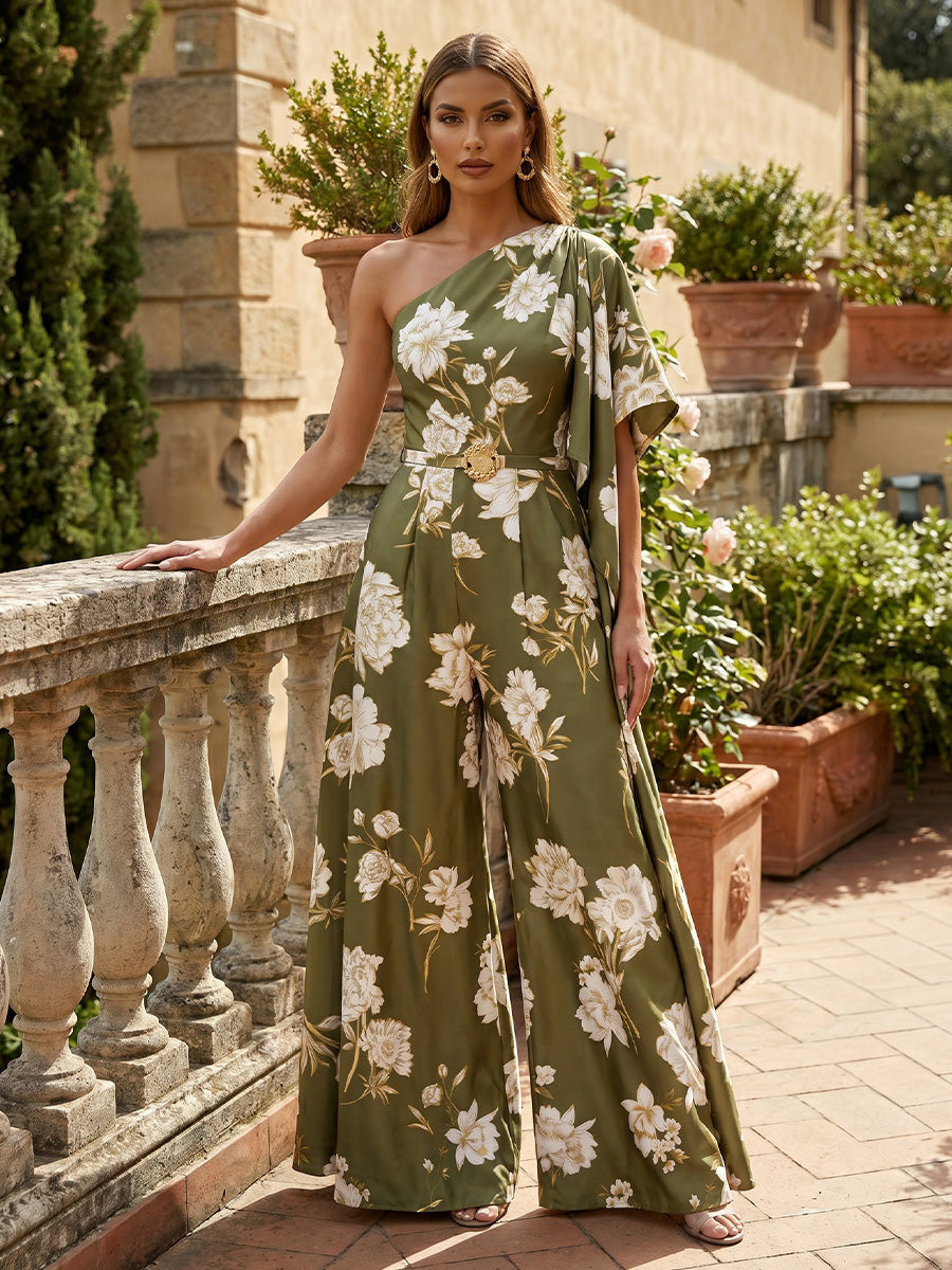 Jumpsuits One-Shoulder Printed Formal Dresses Floor-Length Short Sleeves Floral Evening Dresses
