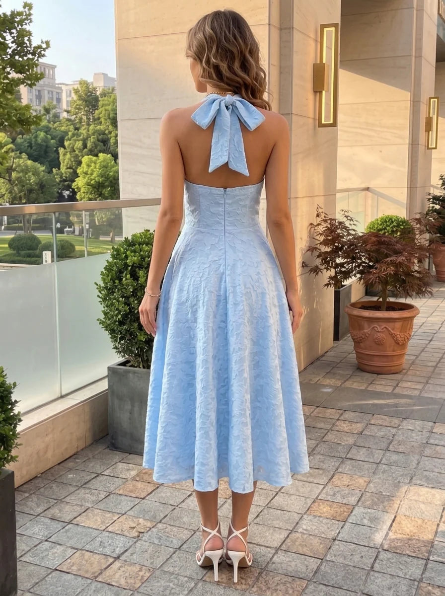 A-Line/Princess Halter Jacquard Cocktail Dresses V-Neck Floral Sleeveless Tea-Length Party Dresses