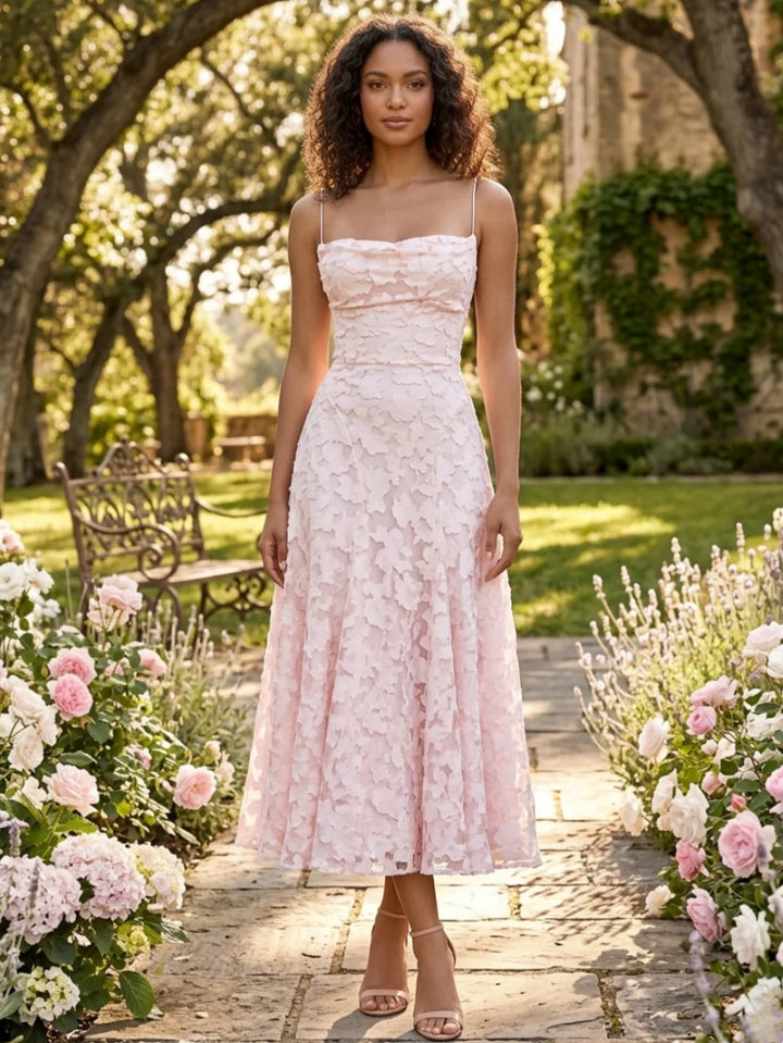 A-Line/Princess Spaghetti Straps Jacquard Cocktail Dresses Floral Sleeveless Tea-Length Party Dresses