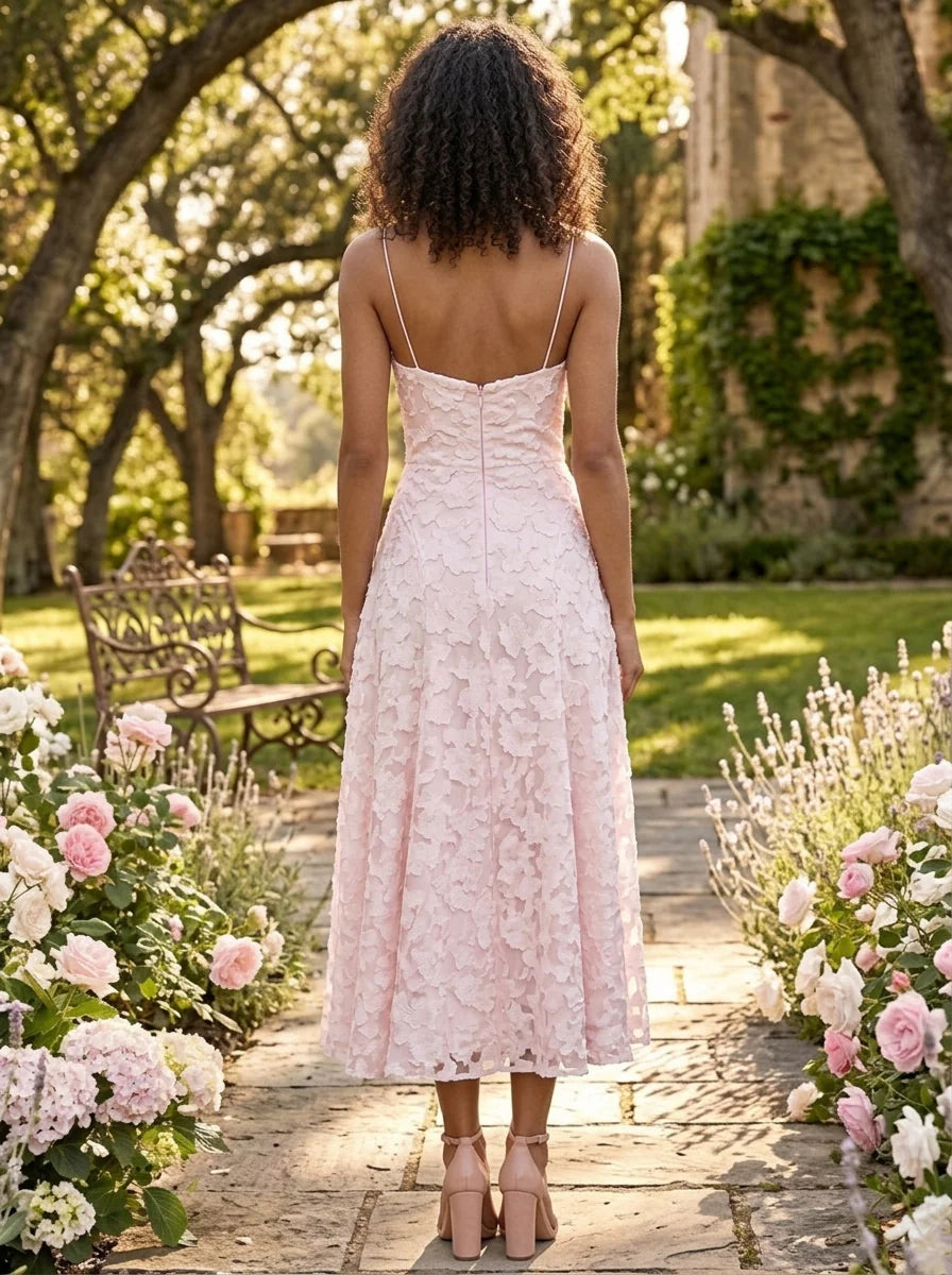 A-Line/Princess Spaghetti Straps Jacquard Cocktail Dresses Floral Sleeveless Tea-Length Party Dresses