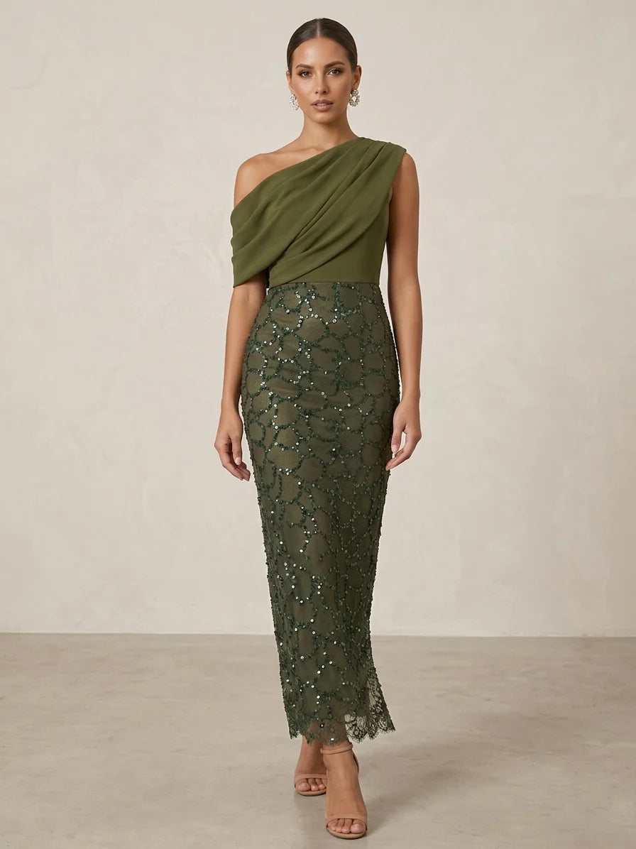 Sheath/Column One-Shoulder Sequins Cocktail Dresses Sleeveless Ankle-Length Party Dresses