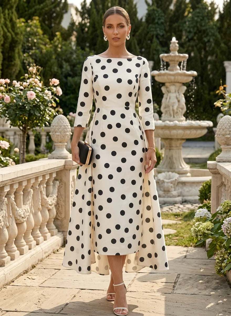Sheath/Column Scoop Polka Dot Cocktail Dresses with Overskirt Tea-Length 3/4 Sleeves Party Dresses