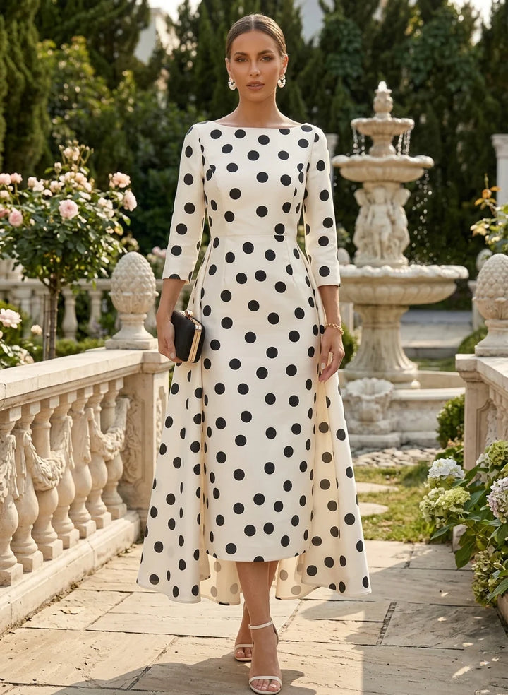 Sheath/Column Scoop Polka Dot Cocktail Dresses with Overskirt Tea-Length 3/4 Sleeves Party Dresses