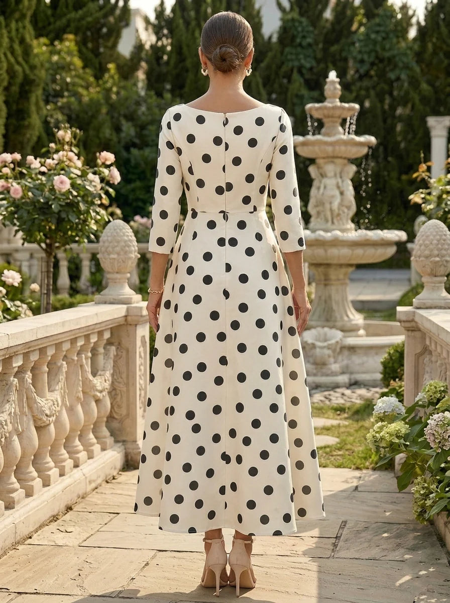 Sheath/Column Scoop Polka Dot Cocktail Dresses with Overskirt Tea-Length 3/4 Sleeves Party Dresses