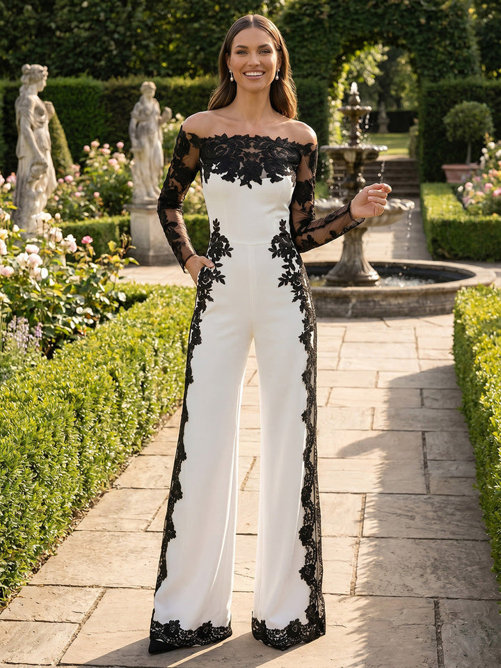 Jumpsuits Off-the-Shoulder Stretch Satin Formal Dresses Lace Floral Floor-Length Long Sleeves Evening Dresses