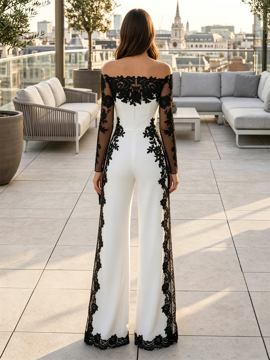 Jumpsuits Off-the-Shoulder Stretch Satin Formal Dresses Lace Floral Floor-Length Long Sleeves Evening Dresses