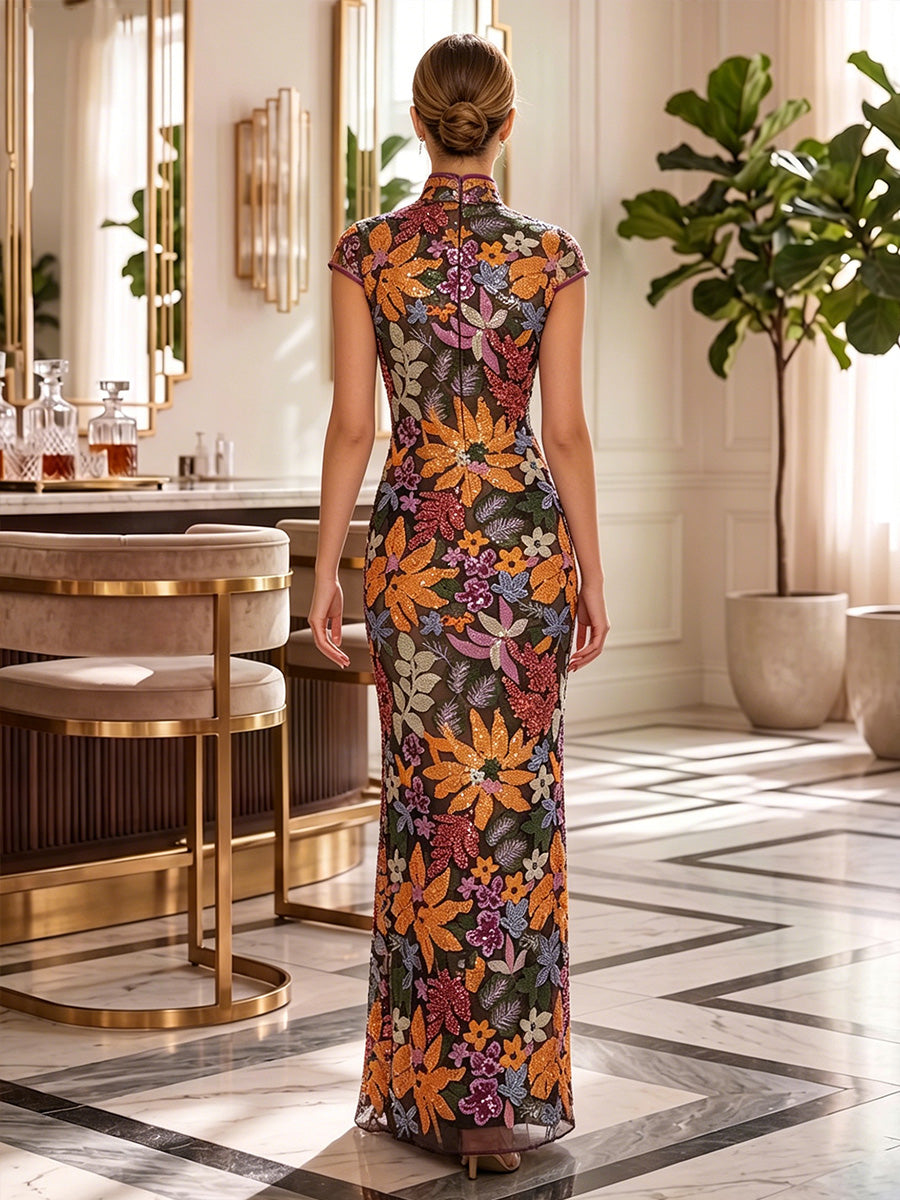 Sheath/Column Mock Neck Sequins Formal Dresses Floor-Length Cap Sleeves Floral Evening Dresses