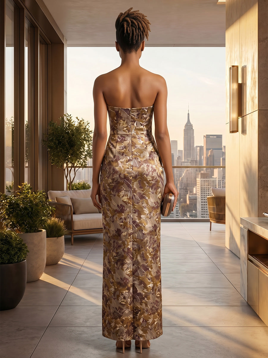 Sheath/Column Strapless Jacquard Formal Dresses with Split Side Ankle-Length Ruched Sleeveless Evening Dresses