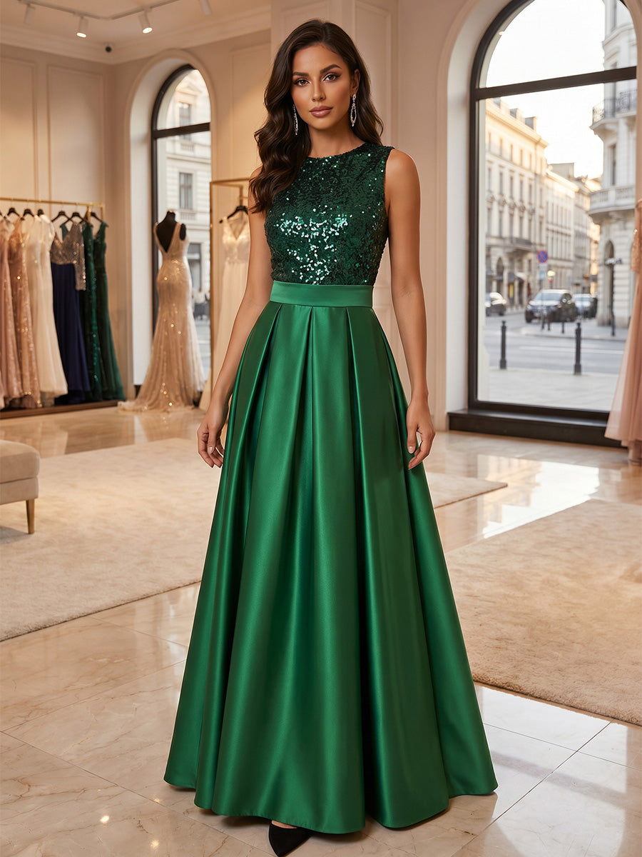 A-Line/Princess Scoop Satin Formal Dresses Sleeveless Sequins Floor-Length Evening Dresses