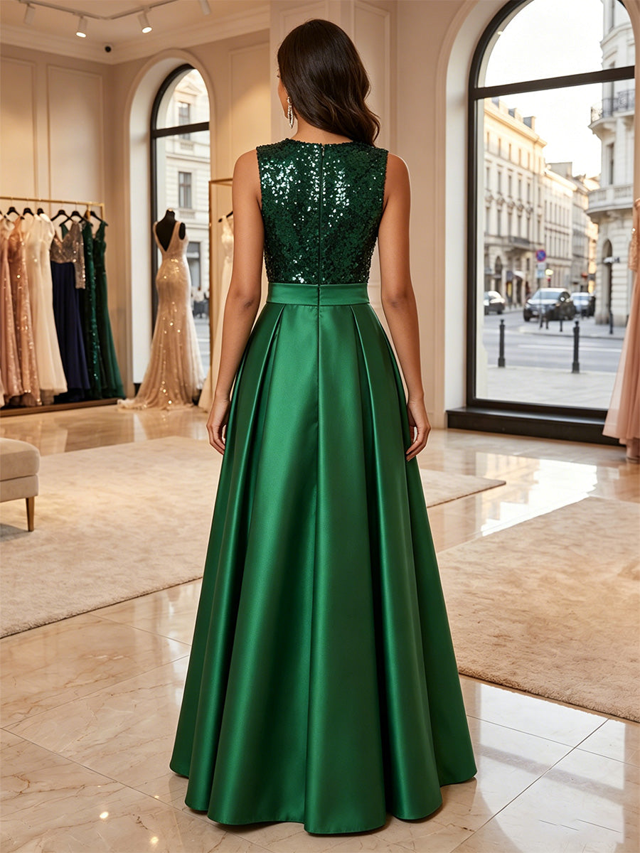 A-Line/Princess Scoop Satin Formal Dresses Sleeveless Sequins Floor-Length Evening Dresses