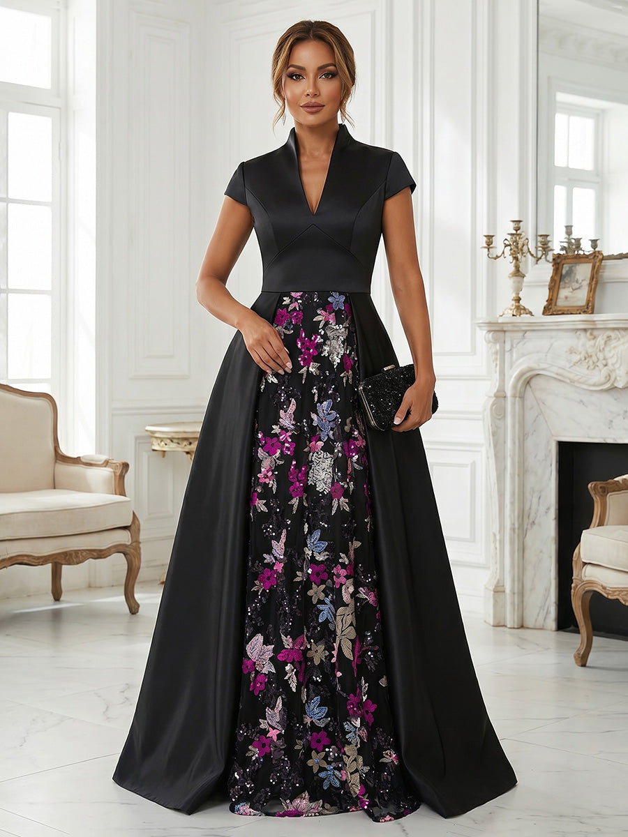 A-Line/Princess V-Neck Satin Formal Dresses with Overskirt Floor-Length Sequins Cap Sleeves Floral Evening Dresses