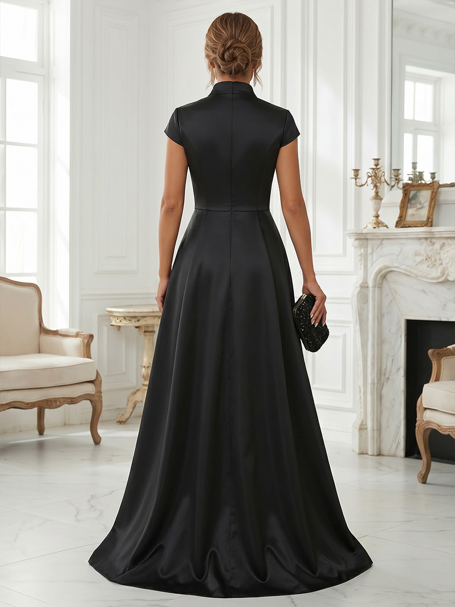 A-Line/Princess V-Neck Satin Formal Dresses with Overskirt Floor-Length Sequins Cap Sleeves Floral Evening Dresses