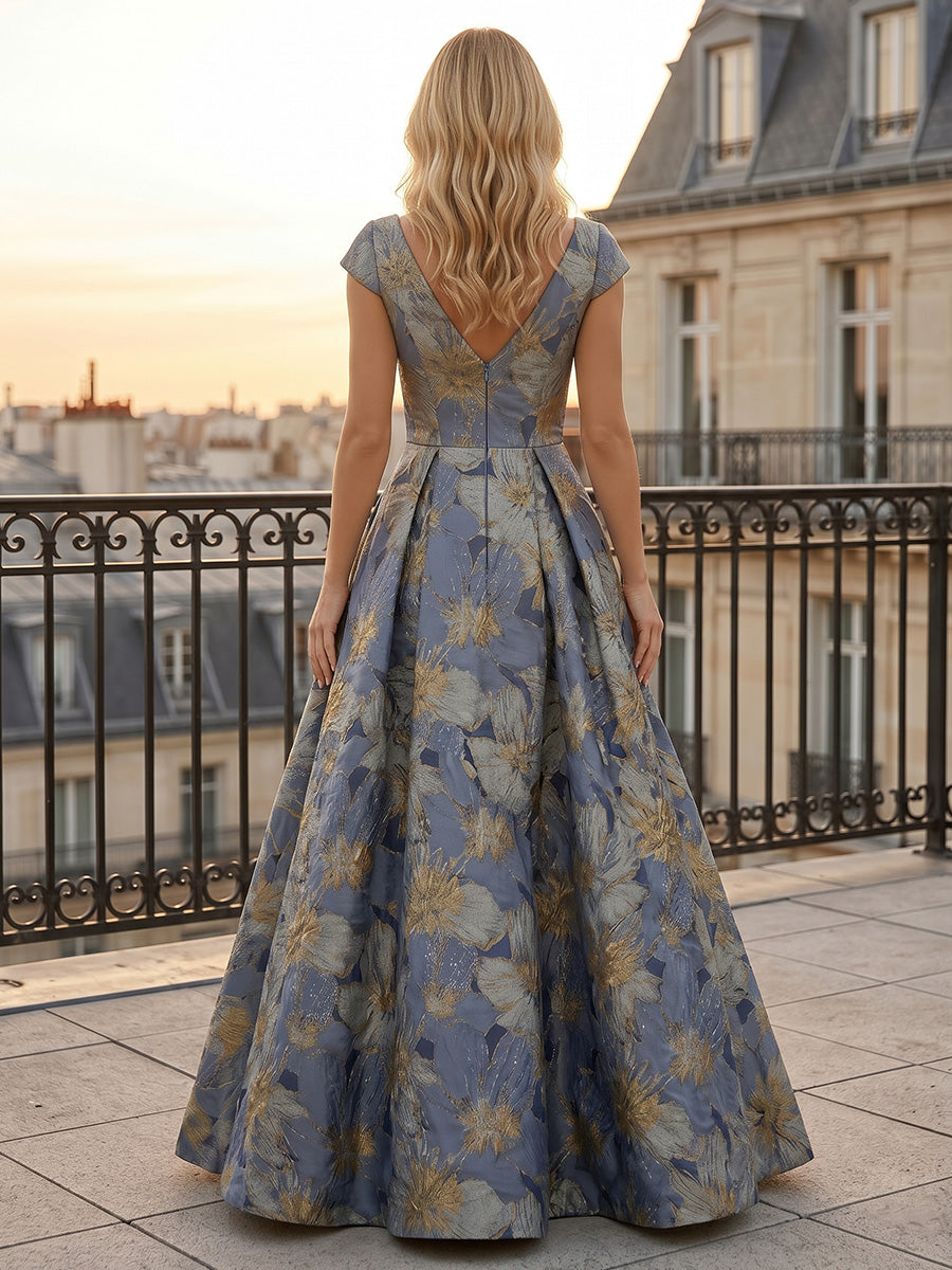 A-Line/Princess V-Neck Jacquard Formal Dresses Floral Floor-Length Cap Sleeves Evening Dresses