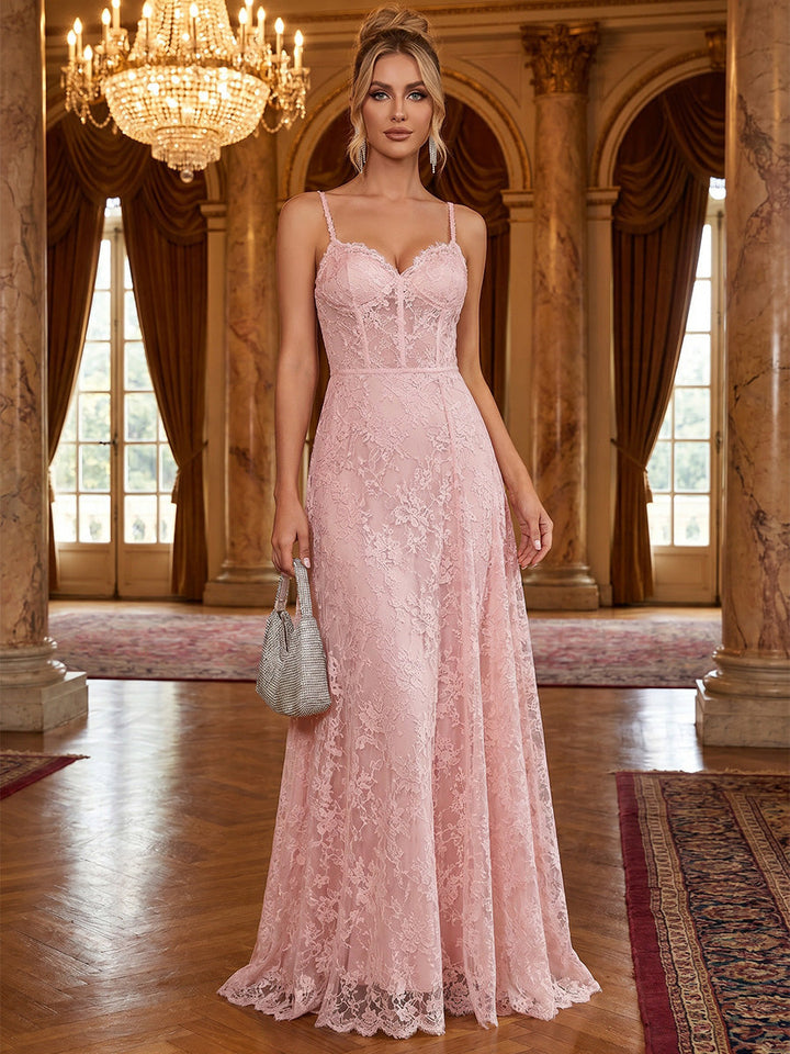 A-Line/Princess Spaghetti Straps Lace Formal Dresses Floor-Length Sleeveless Floral Evening Dresses