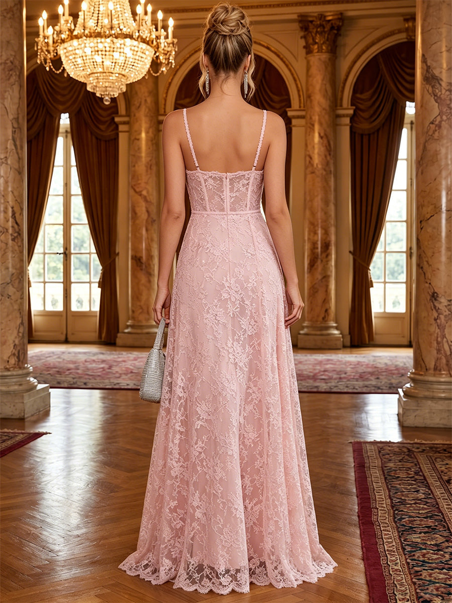 A-Line/Princess Spaghetti Straps Lace Formal Dresses Floor-Length Sleeveless Floral Evening Dresses