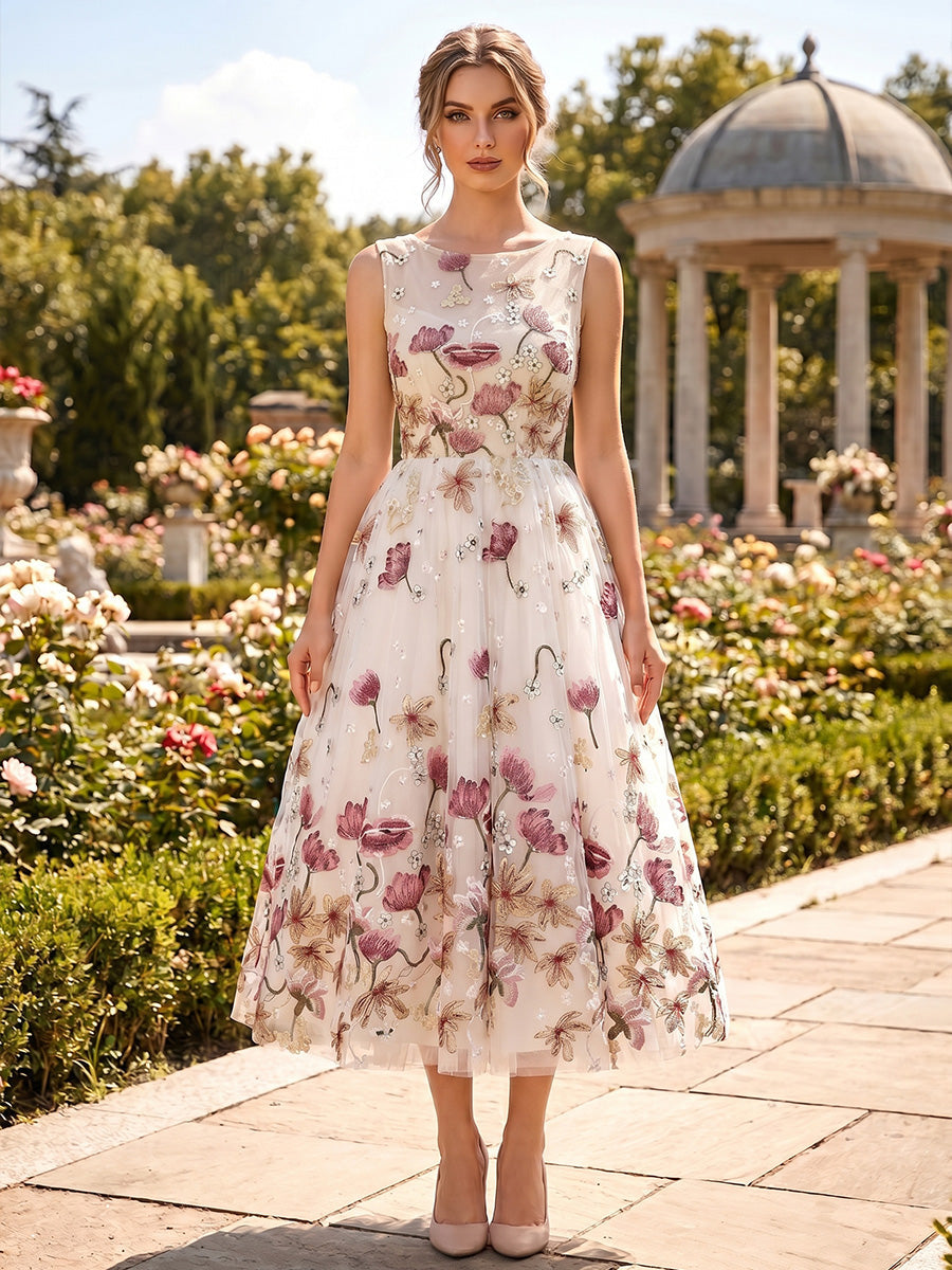 A-Line/Princess Scoop Lace Embroidery Cocktail Dresses Floral Sleeveless Tea-Length Party Dresses